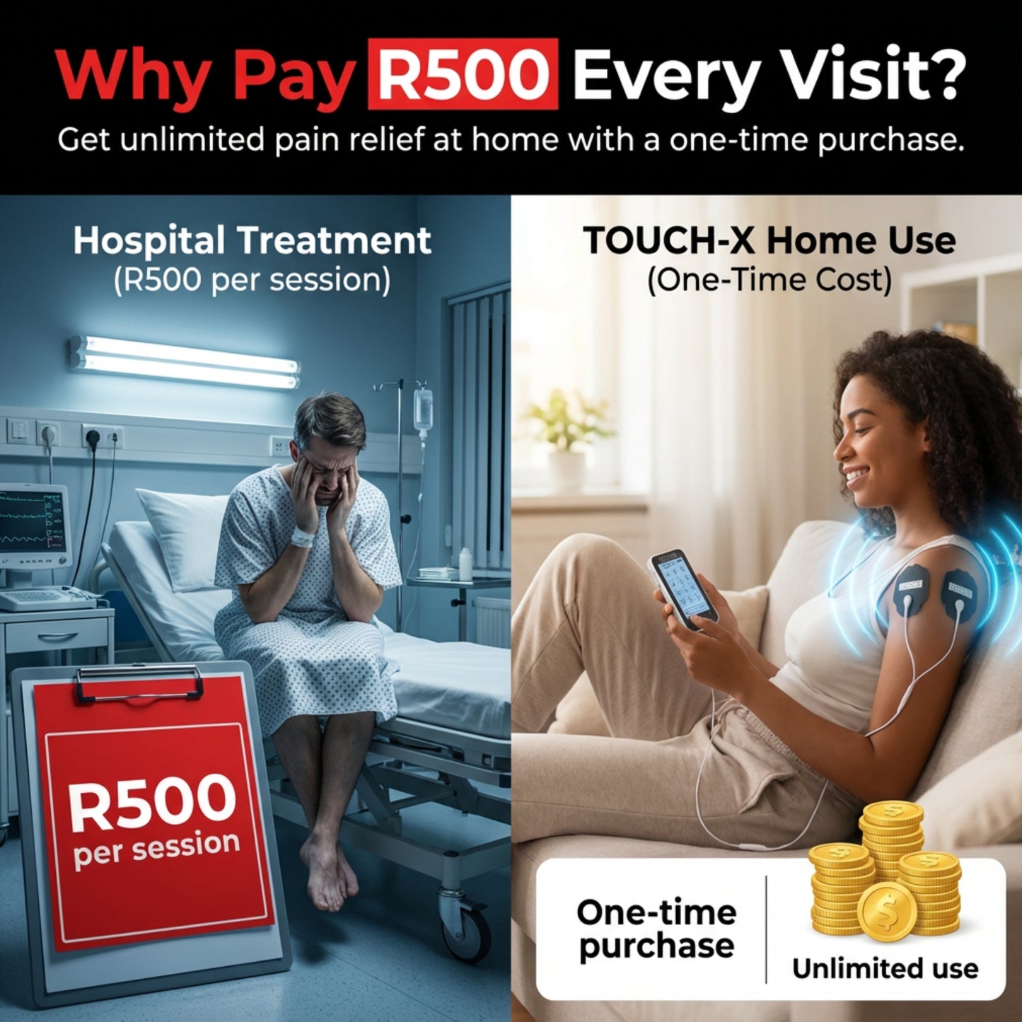 TOUCH-X TENS Machine & EMS Unit – 12 Modes, Dual Channel Pain Relief Device