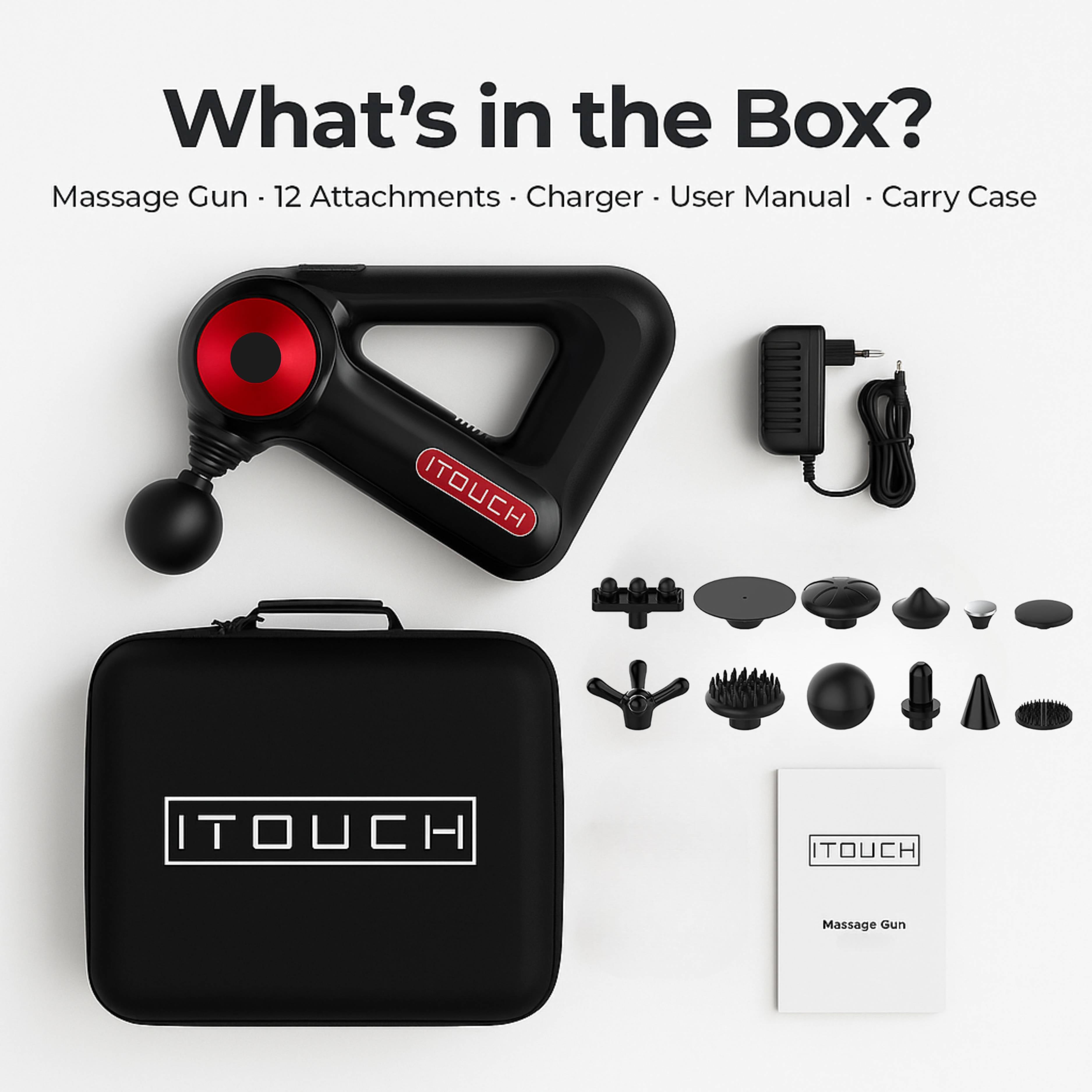ITOUCH Deep Tissue Massage Gun – 5 Speeds, 12 Heads, 10–16mm Amplifier