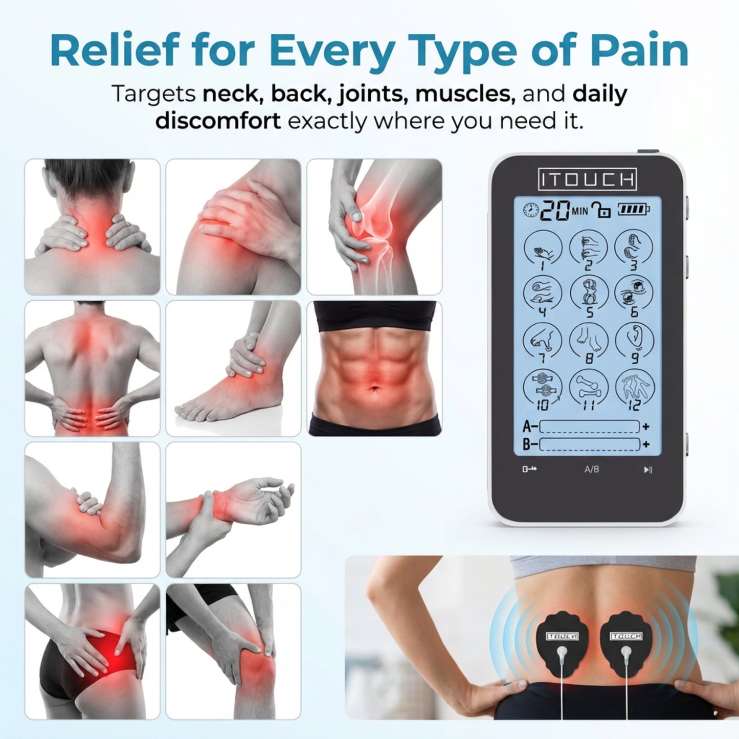 TOUCH-X TENS Machine & EMS Unit – 12 Modes, Dual Channel Pain Relief Device