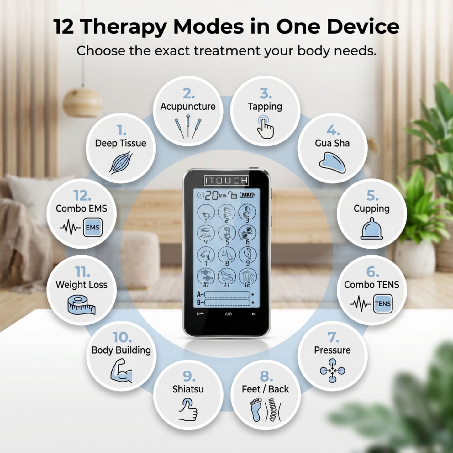TOUCH-X TENS Machine & EMS Unit – 12 Modes, Dual Channel Pain Relief Device