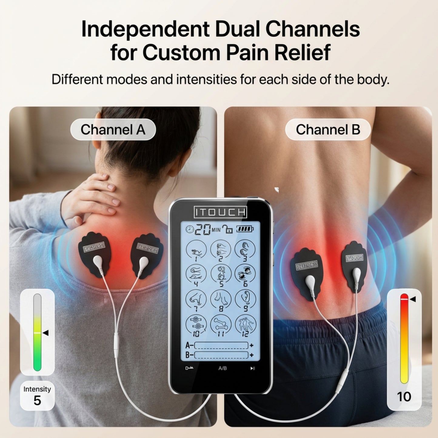 TOUCH-X TENS Machine & EMS Unit – 12 Modes, Dual Channel Pain Relief Device