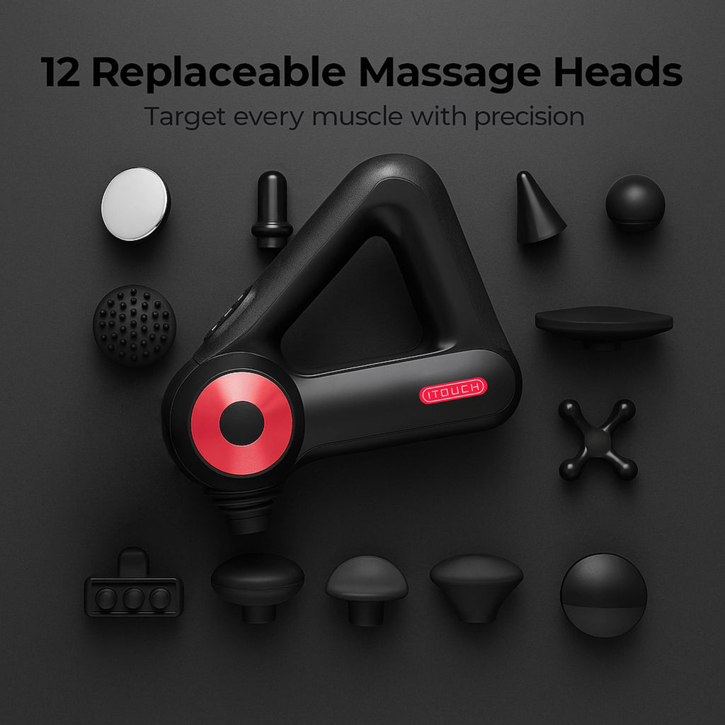 ITOUCH Deep Tissue Massage Gun – 5 Speeds, 12 Heads, 10–16mm Amplifier